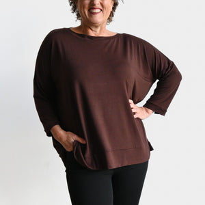 Just Wow Boat Neck Top in Bamboo by KOBOMO - ChocolateBrownXXL-Size18to22 KOBOMO