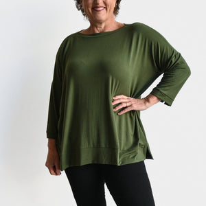 Just Wow Boat Neck Top in Bamboo by KOBOMO - KhakiGreenXXL-Size18to22 KOBOMO