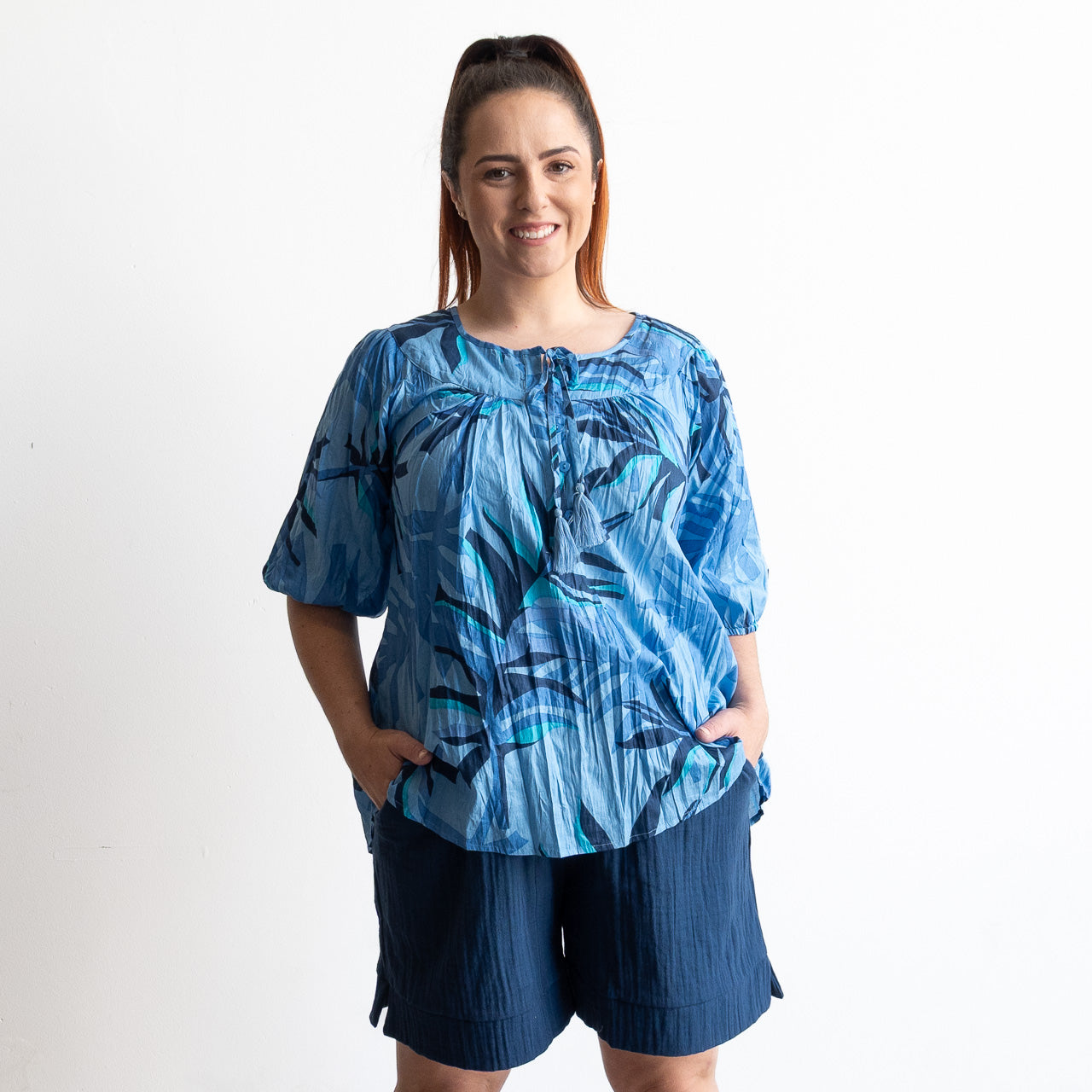 Keep It Light Cotton Blouse - Geo Leaves Blue