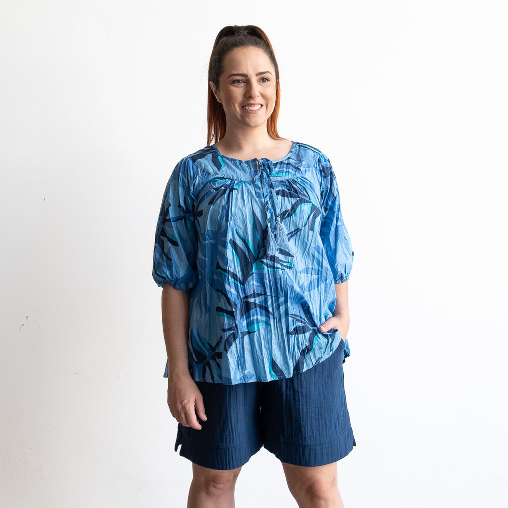 Keep It Light Cotton Blouse - Geo Leaves Blue