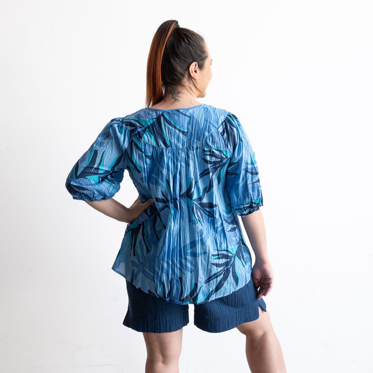 Keep It Light Cotton Blouse - Geo Leaves Blue
