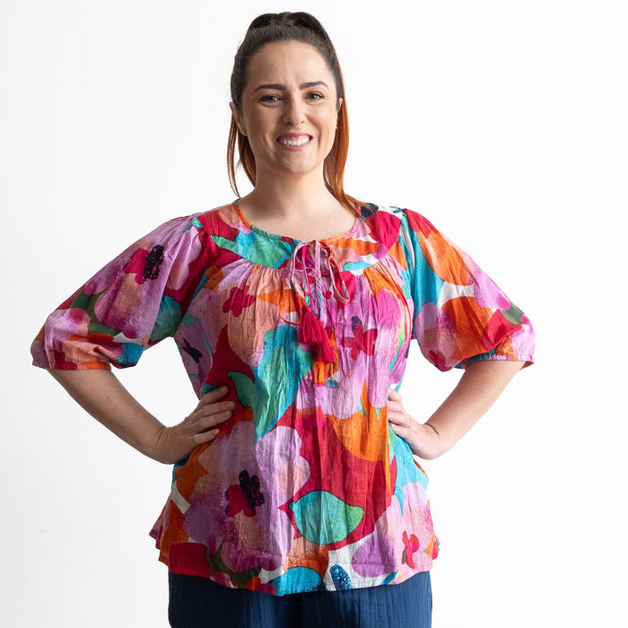 Keep It Light Cotton Blouse - Large Floral Pink