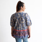 Cornflower paisley print light cotton blouse with gathered sleeves