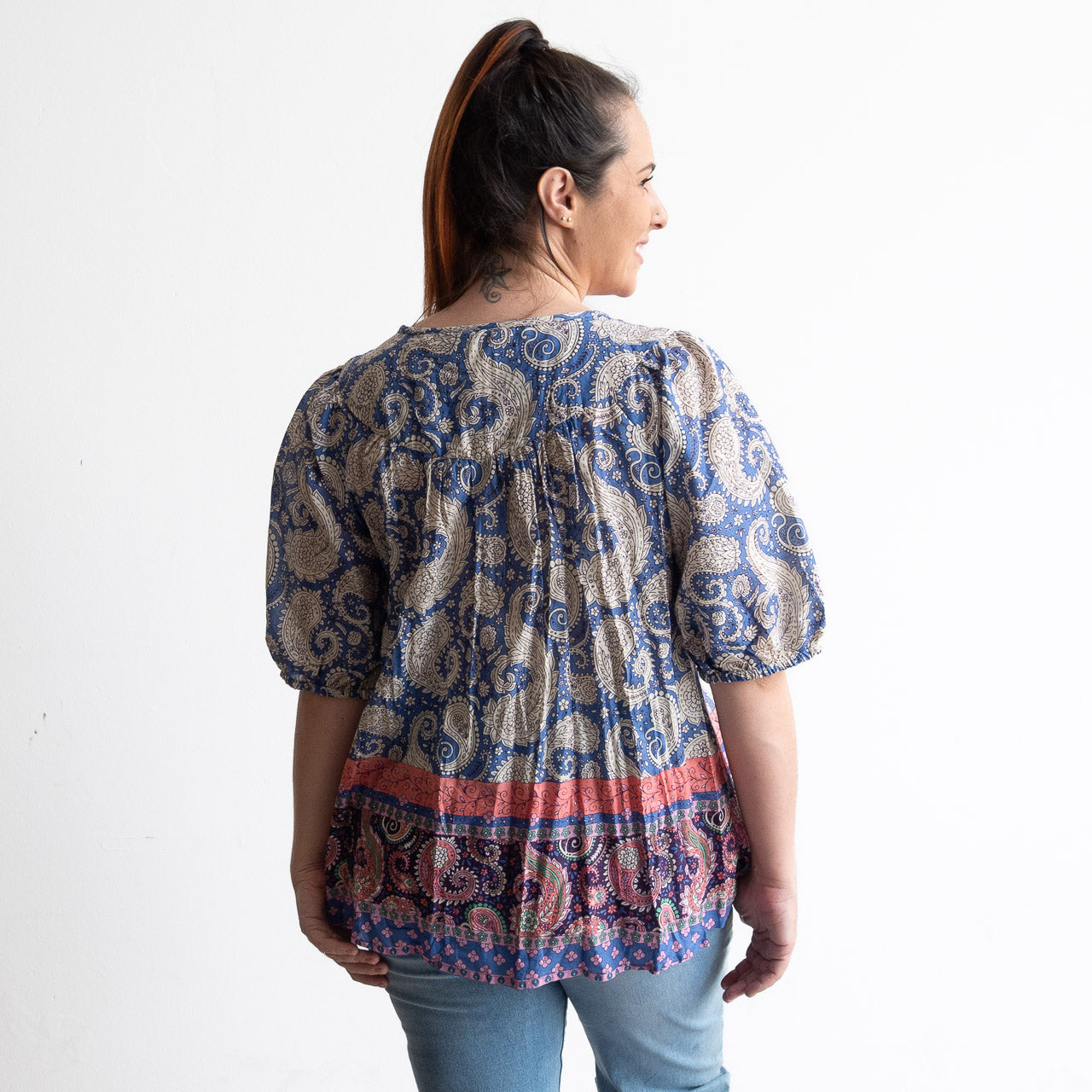 Cornflower paisley print light cotton blouse with gathered sleeves