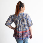 Cornflower paisley print light cotton blouse with gathered sleeves