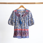 Cornflower paisley print light cotton blouse with gathered sleeves