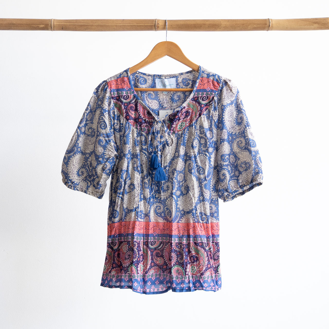 Cornflower paisley print light cotton blouse with gathered sleeves