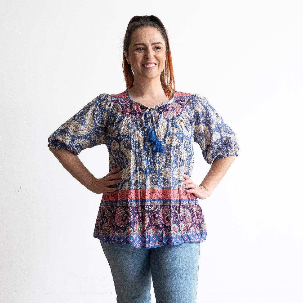 Cornflower paisley print light cotton blouse with gathered sleeves