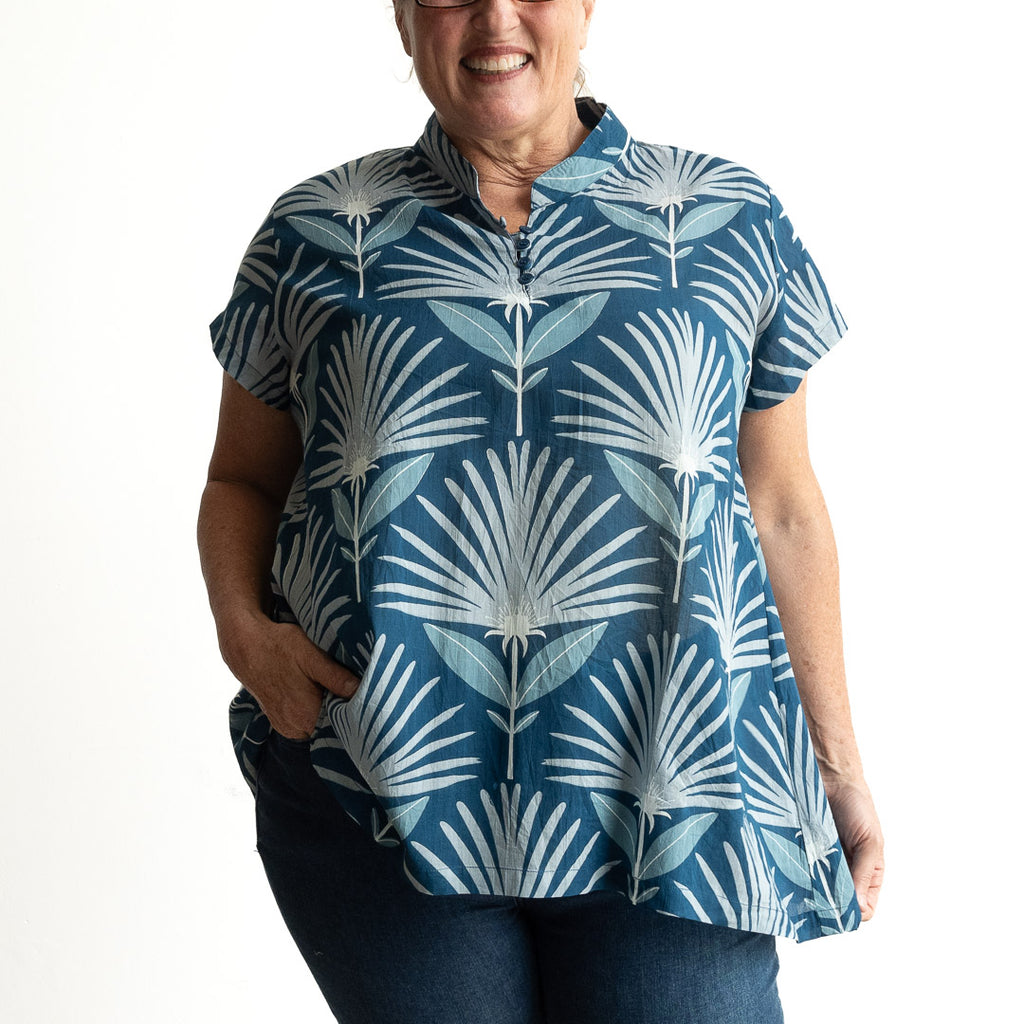 Loose Fit Cotton Tunic Top by KOBOMO - Indigo Echo