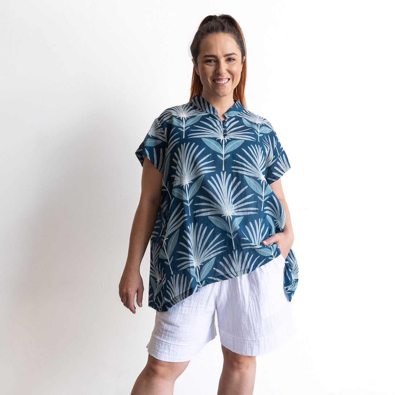 Loose Fit Cotton Tunic Top by KOBOMO - Indigo Echo