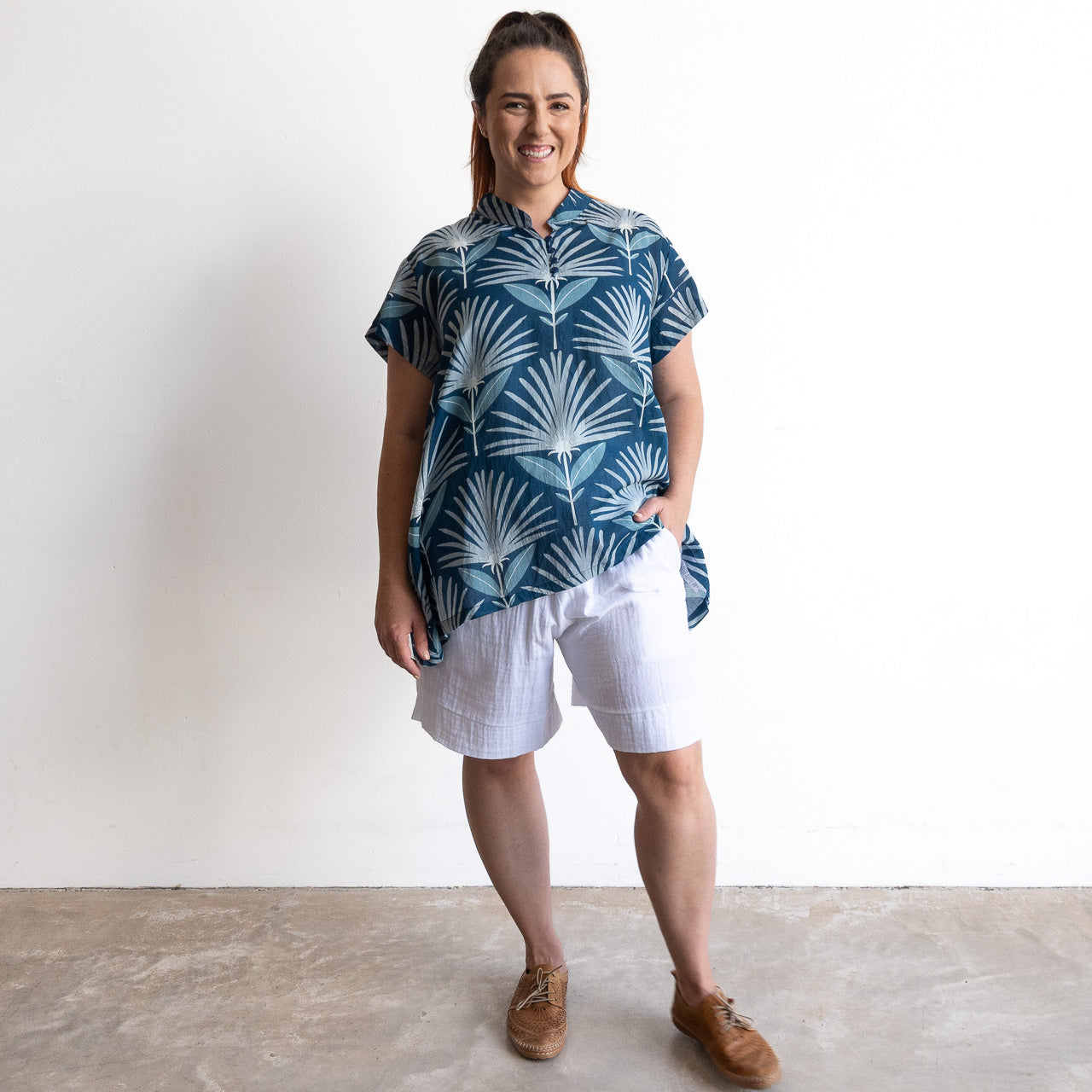 Loose Fit Cotton Tunic Top by KOBOMO - Indigo Echo
