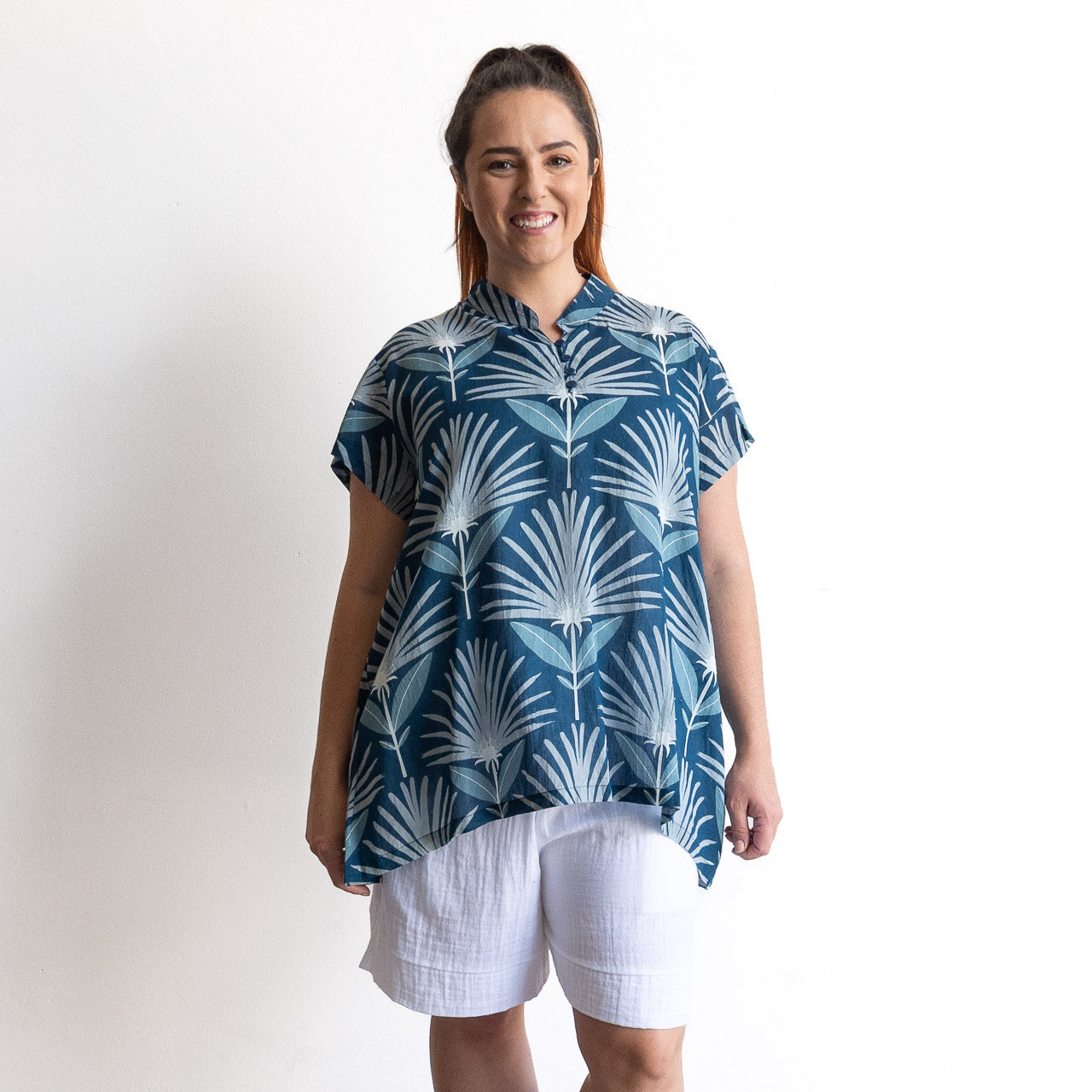 Loose Fit Cotton Tunic Top by KOBOMO - Indigo Echo