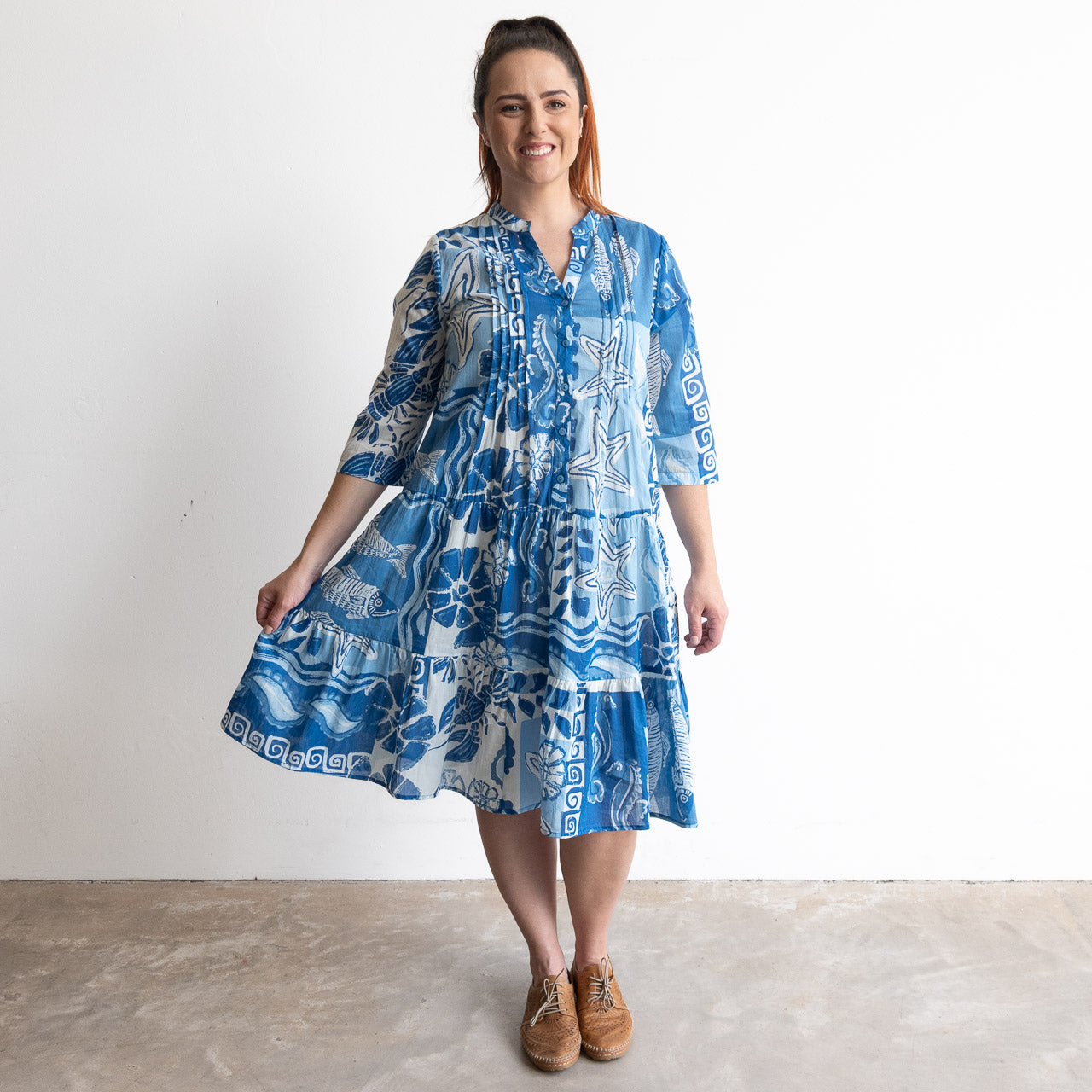 Blue and white cotton print summer dress with sea life illustratrations
