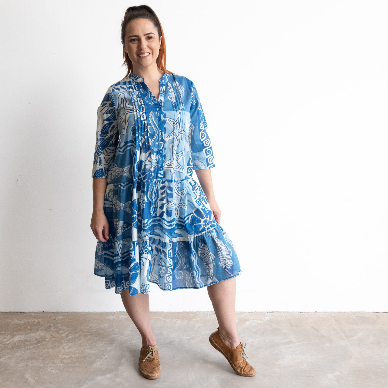 Blue and white cotton print summer dress with sea life illustratrations