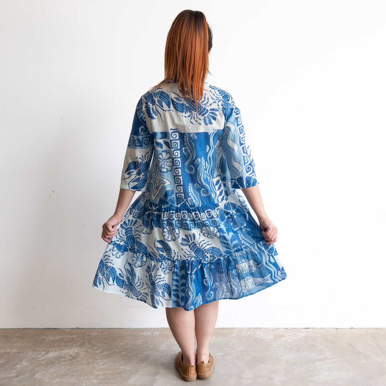 Blue and white cotton print summer dress with sea life illustratrations