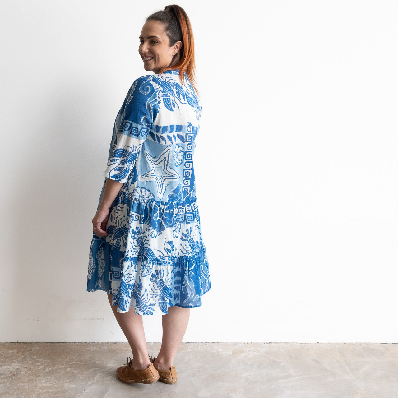 Blue and white cotton print summer dress with sea life illustratrations