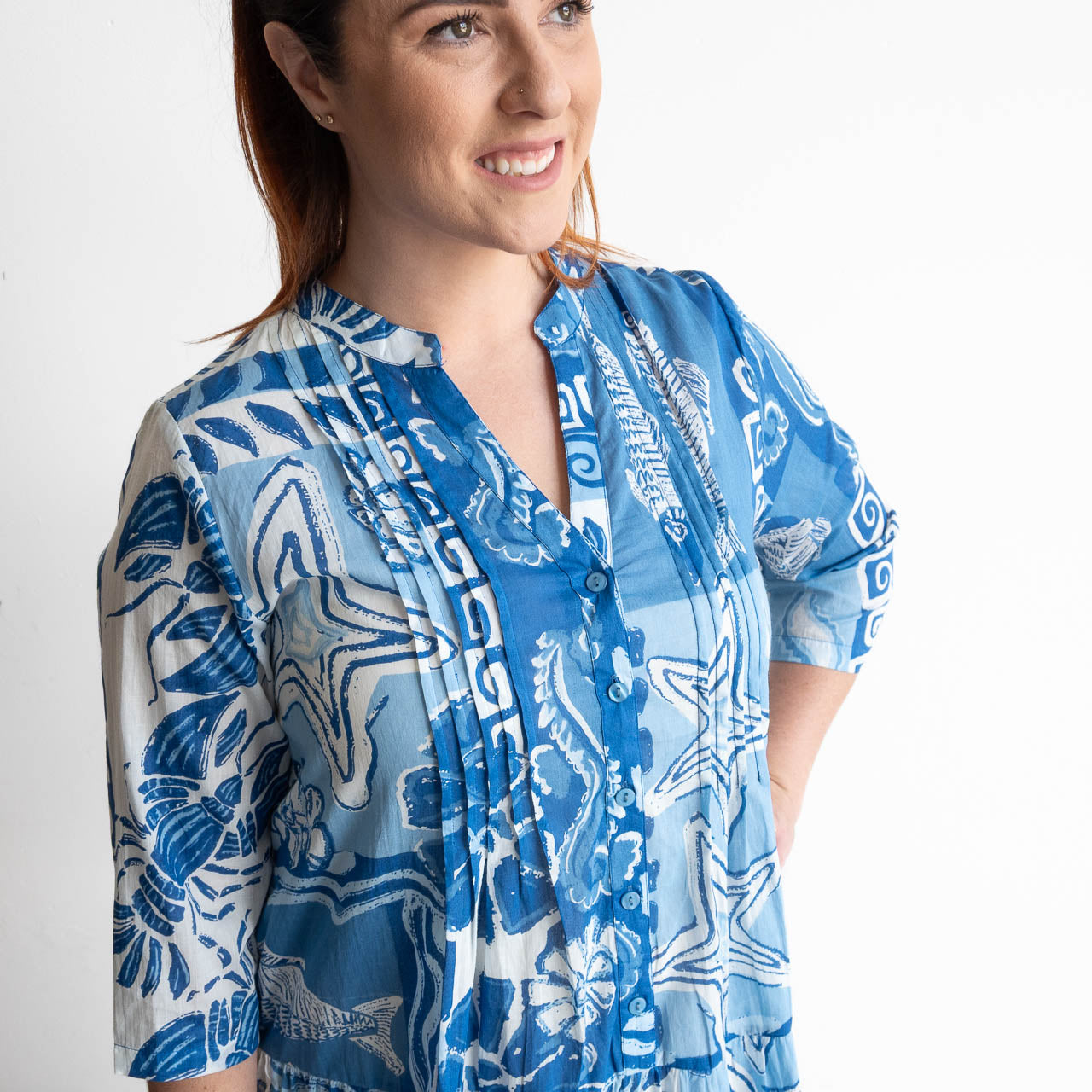 Blue and white cotton print summer dress with sea life illustratrations