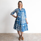 Blue and white cotton print summer dress with sea life illustratrations