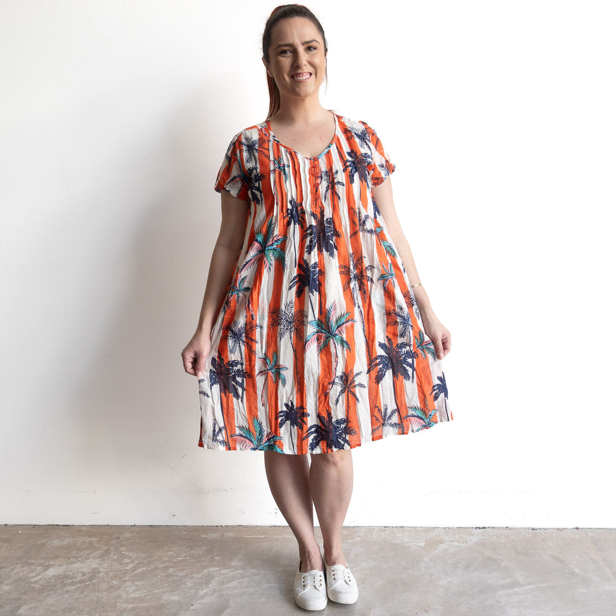 One Summer Easy Fit Cotton Dress - Palm Stripe Coral