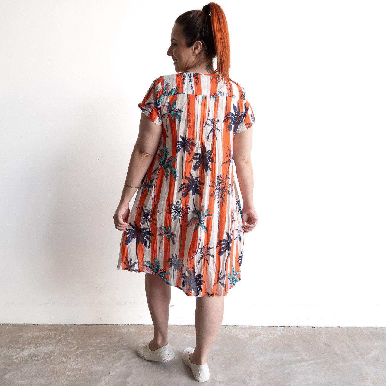 One Summer Easy Fit Cotton Dress - Palm Stripe Coral