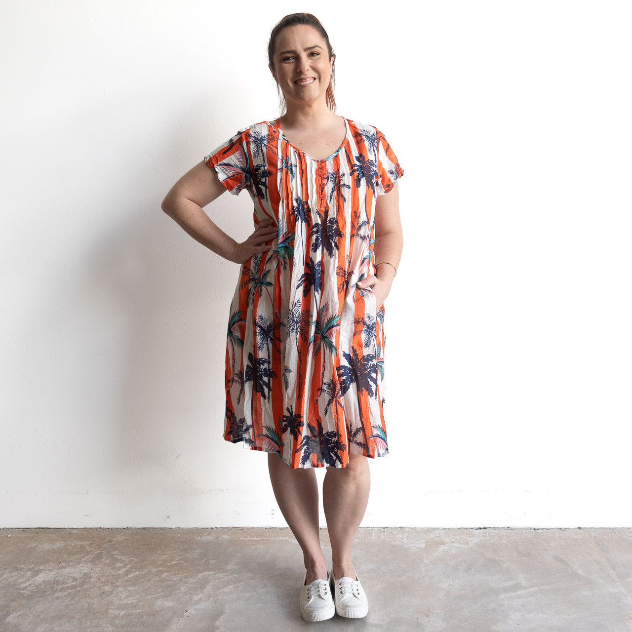 One Summer Easy Fit Cotton Dress - Palm Stripe Coral