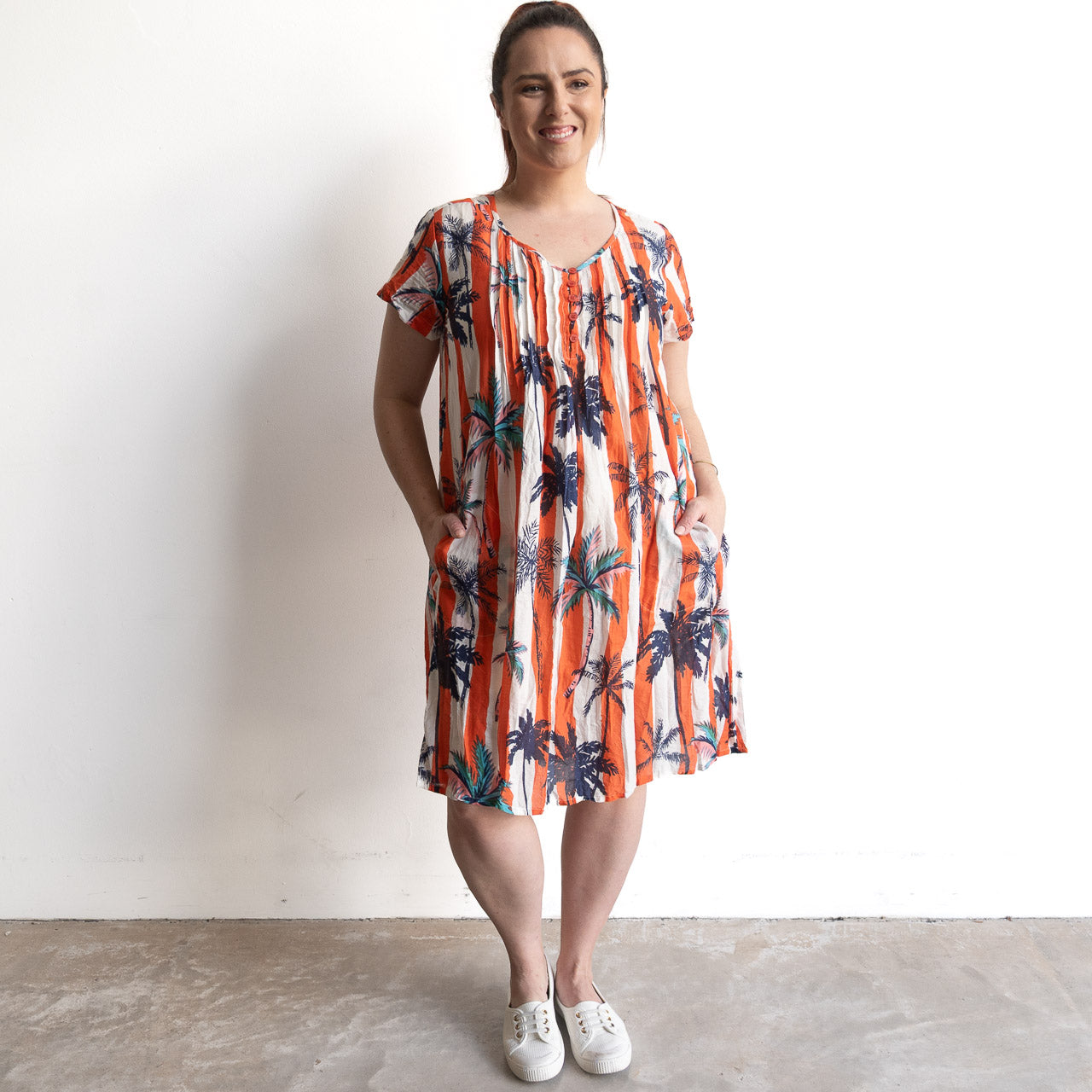 One Summer Easy Fit Cotton Dress - Palm Stripe Coral