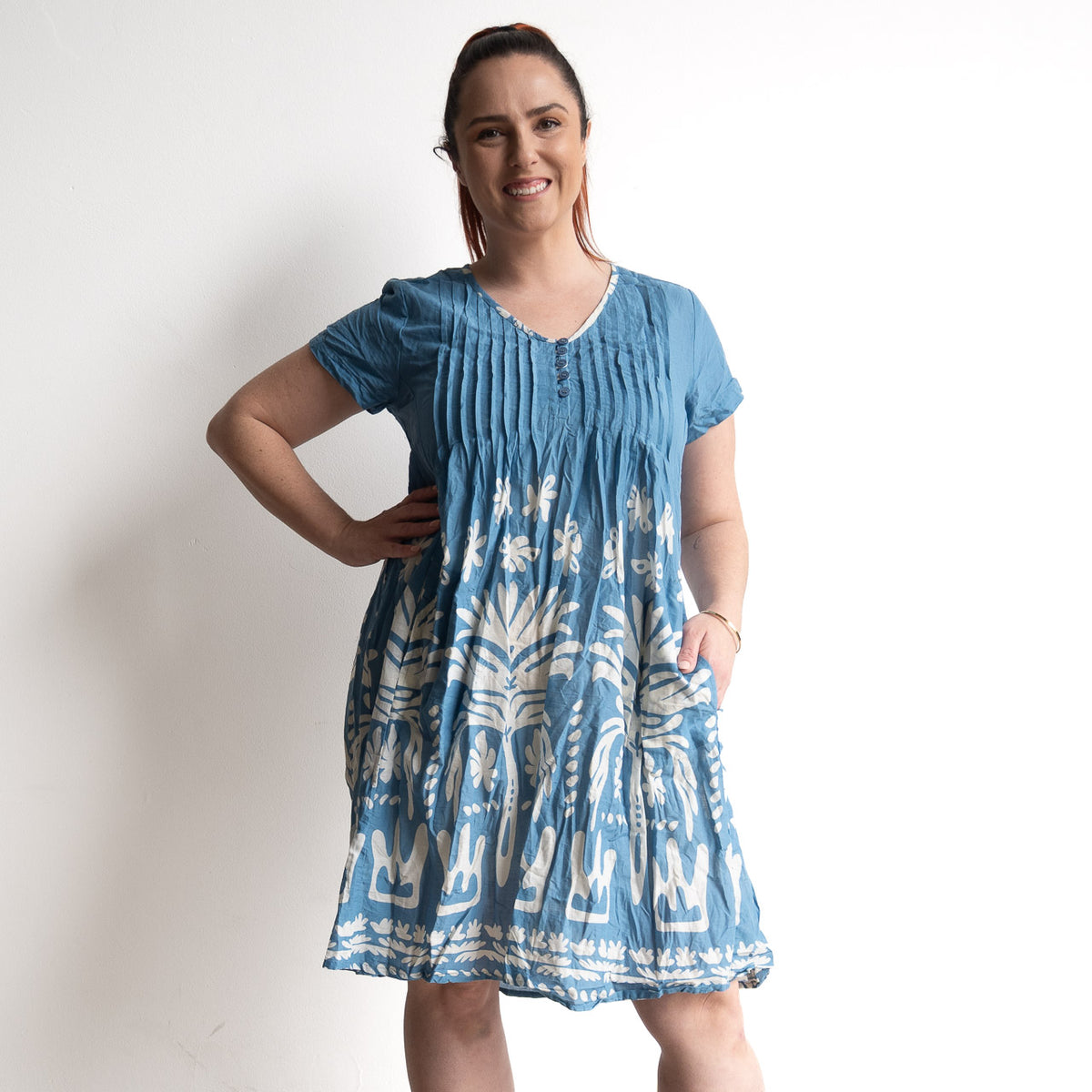 One Summer Easy Fit Cotton Dress - Tribal Border Denim