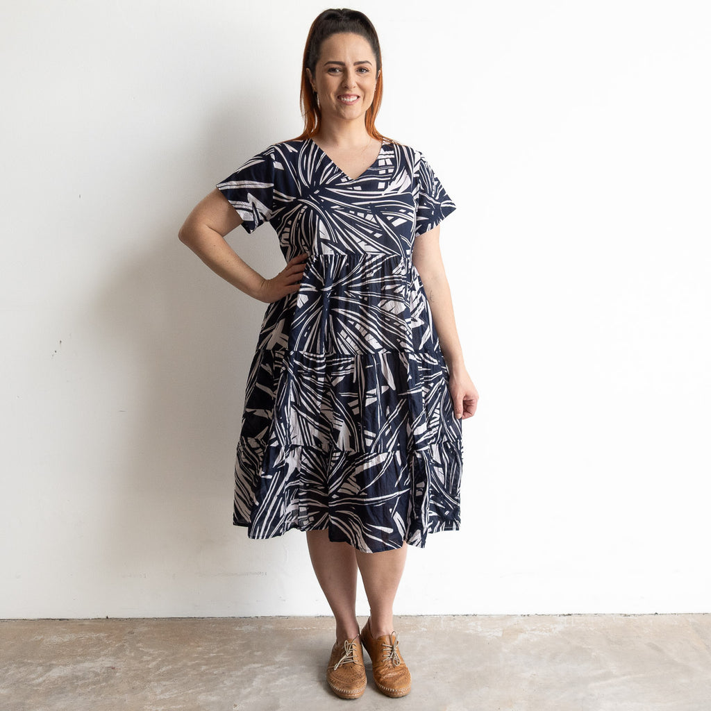One Summer Tiered Smock Dress - Mono Jungle Navy