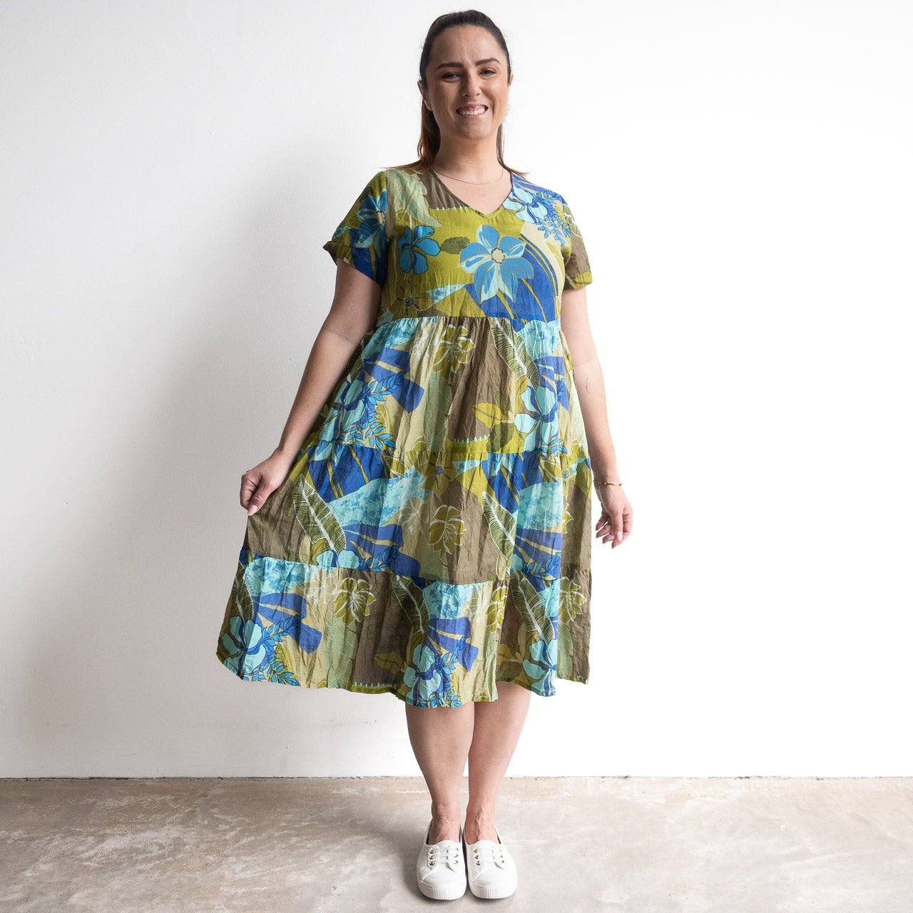 One Summer Tiered Smock Dress - Tropical Flowers Olive