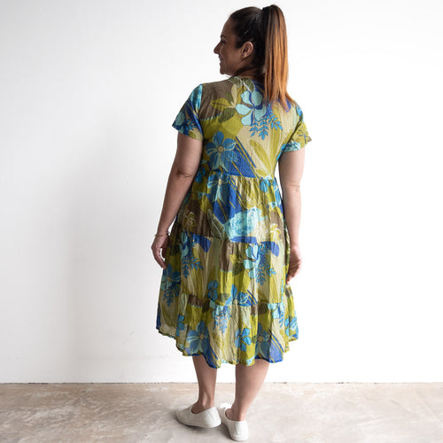 One Summer Tiered Smock Dress - Tropical Flowers Olive