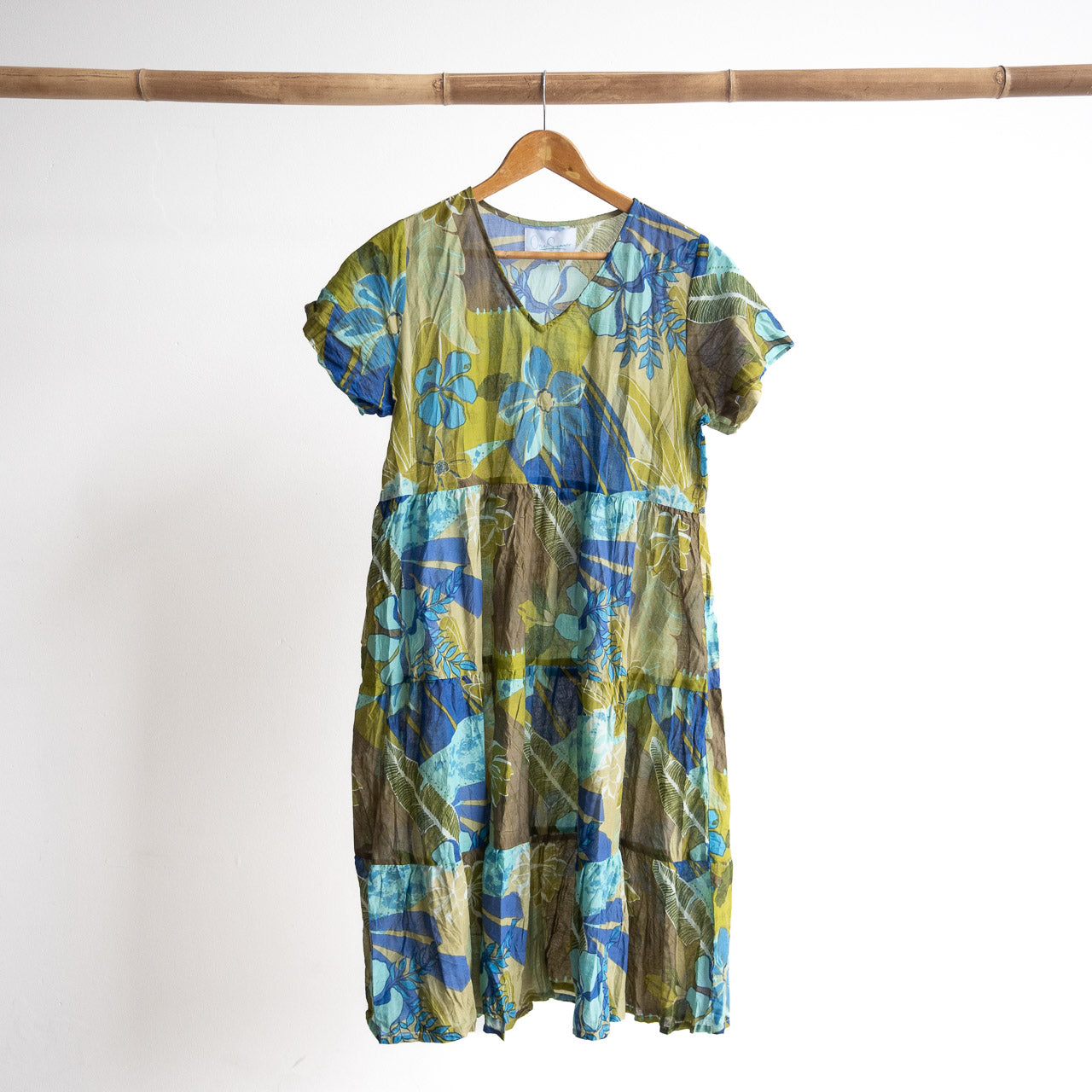 One Summer Tiered Smock Dress - Tropical Flowers Olive