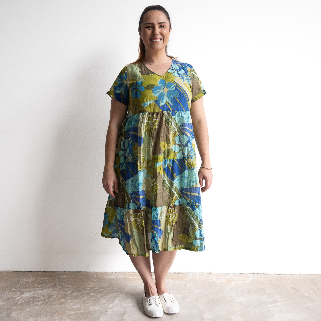 One Summer Tiered Smock Dress - Tropical Flowers Olive