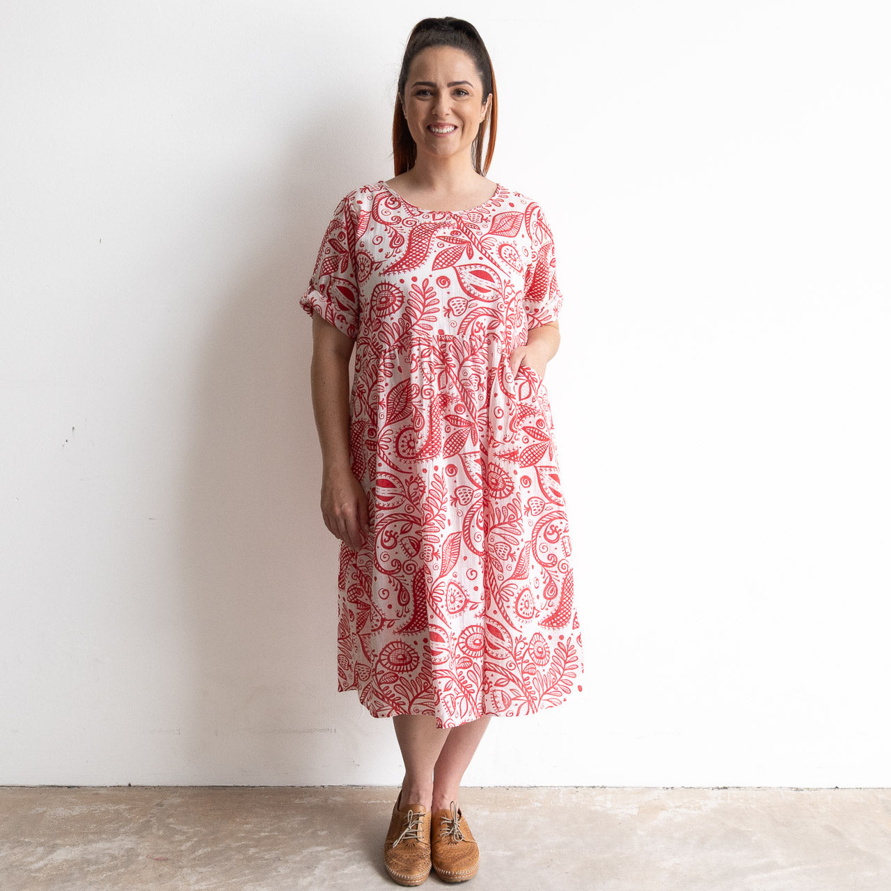 Red and white botanical illustration print cotton summer smock dress 
