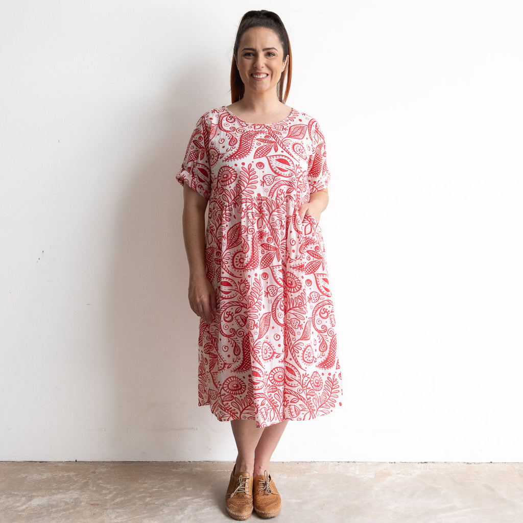 Red and white botanical illustration print cotton summer smock dress 