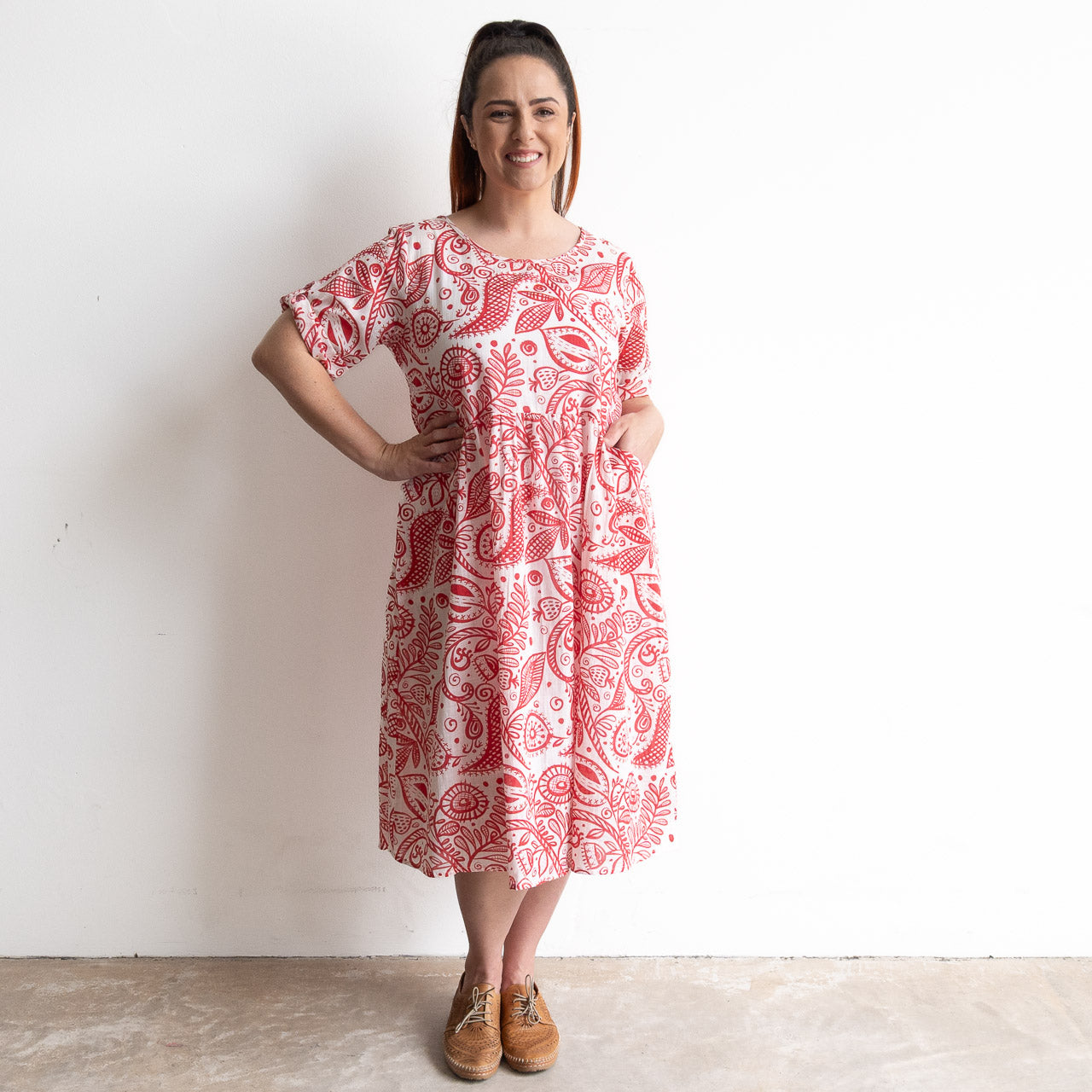 Red and white botanical illustration print cotton summer smock dress 