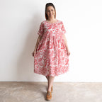 Red and white botanical illustration print cotton summer smock dress 