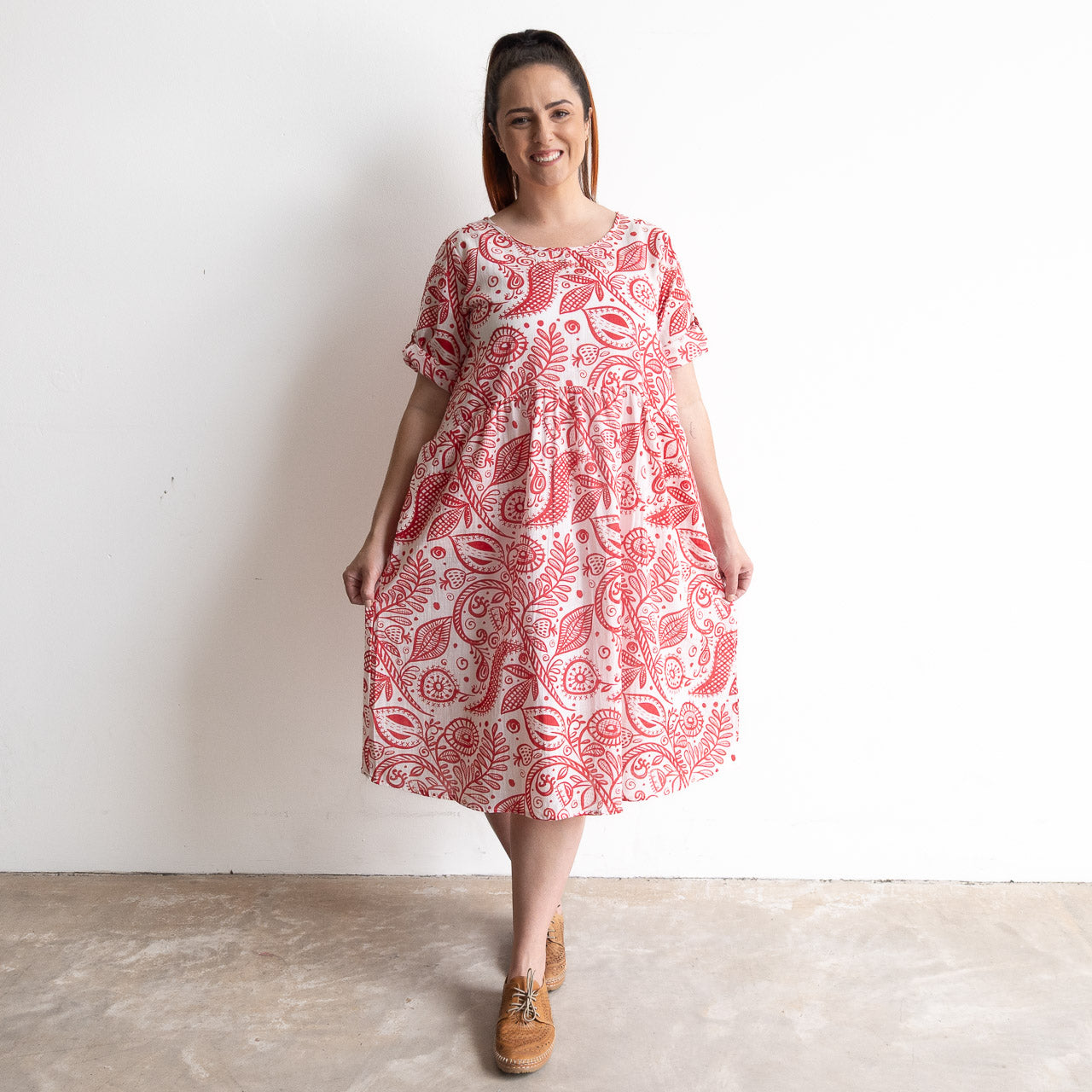 Red and white botanical illustration print cotton summer smock dress 