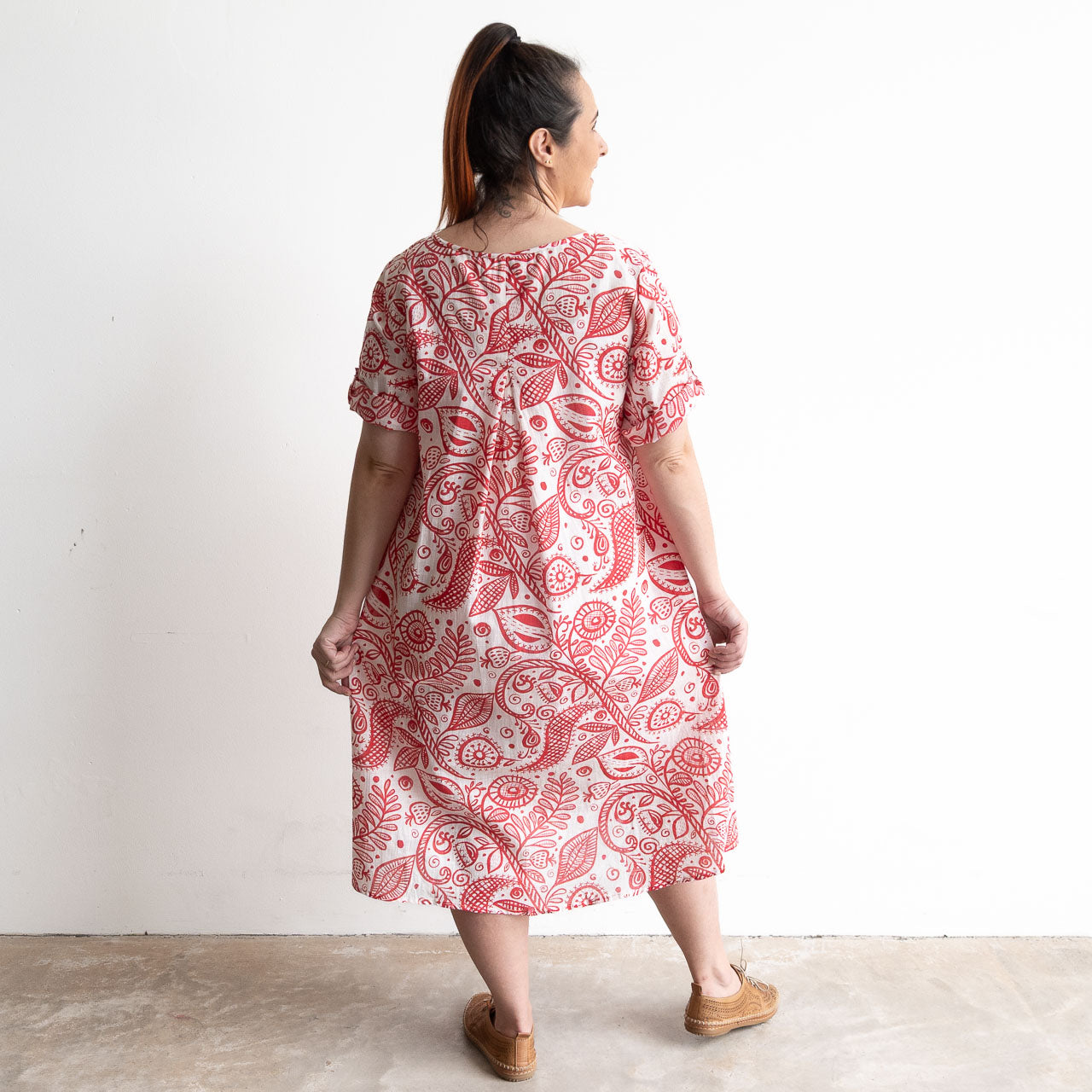 Red and white botanical illustration print cotton summer smock dress 