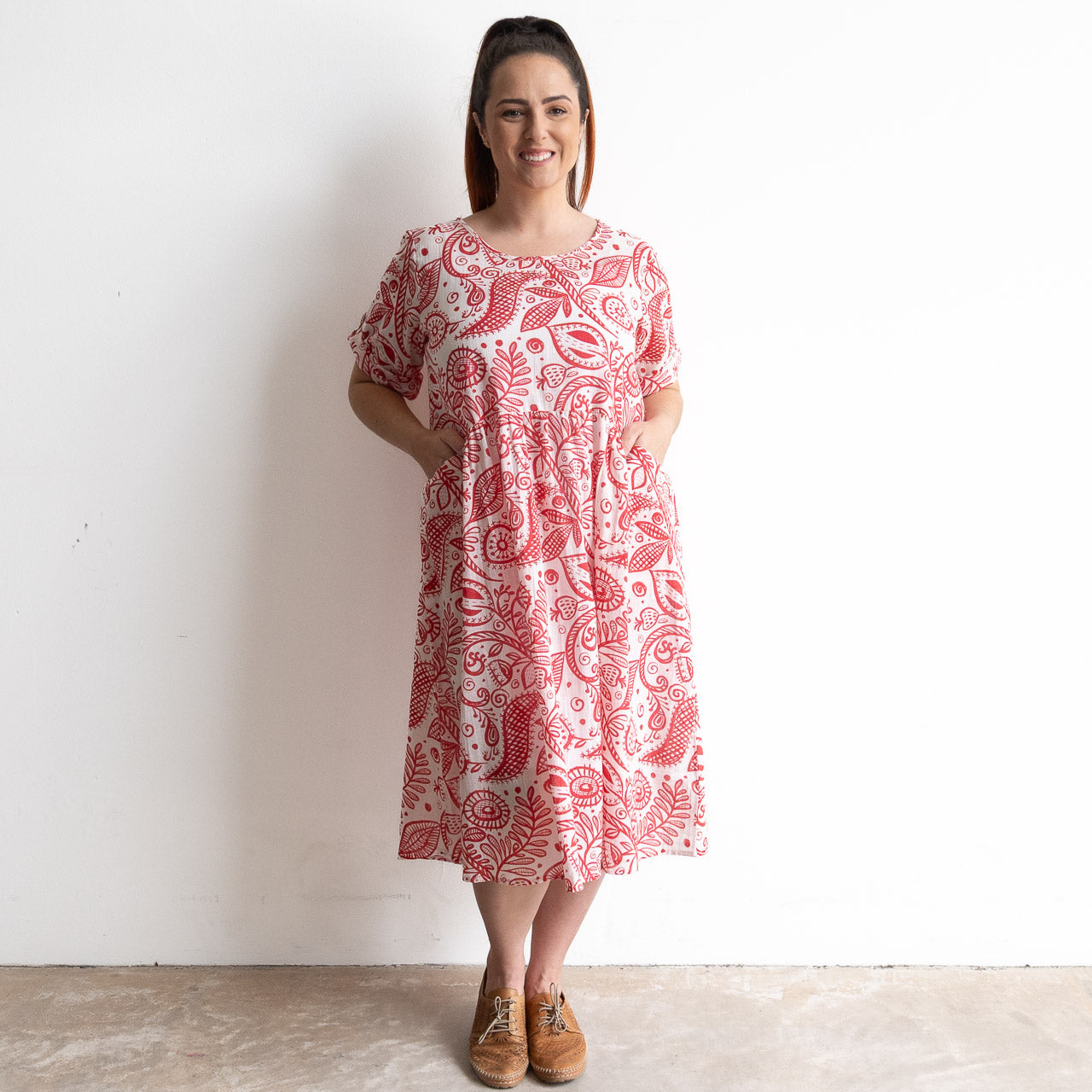 Red and white botanical illustration print cotton summer smock dress 