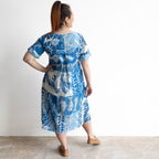 Blue and white cotton print summer smock dress with sea life illustration artwork