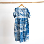 Blue and white cotton print summer smock dress with sea life illustration artwork