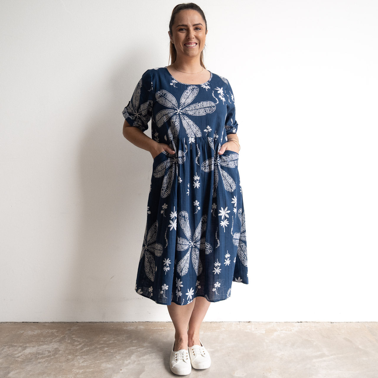 Picnic Perfect Smock Dress - Large Flora Navy