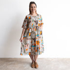 Cotton Summer Smock Dress with illustrated print of Greek palms, cacti and terracotta houses