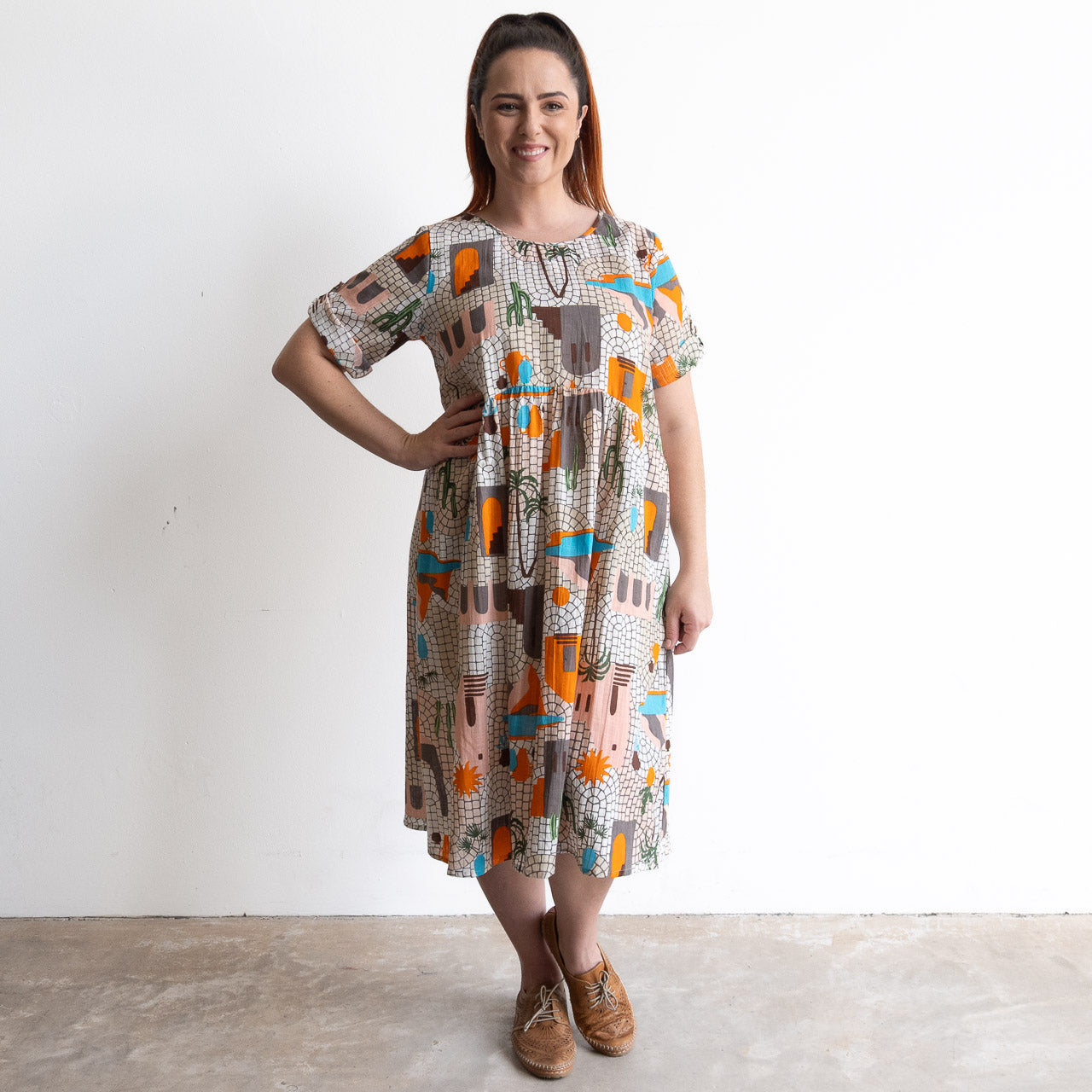 Cotton Summer Smock Dress with illustrated print of Greek palms, cacti and terracotta houses