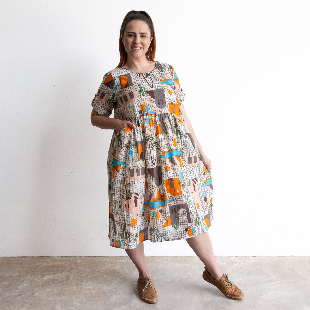 Cotton Summer Smock Dress with illustrated print of Greek palms, cacti and terracotta houses