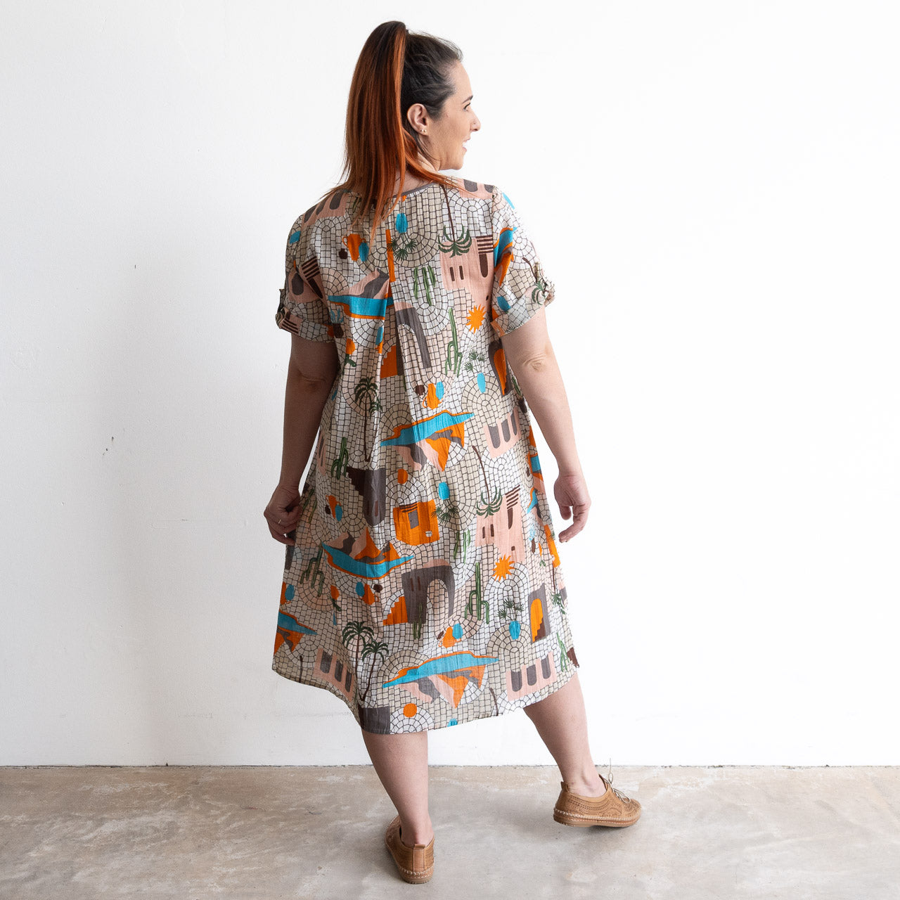Cotton Summer Smock Dress with illustrated print of Greek palms, cacti and terracotta houses