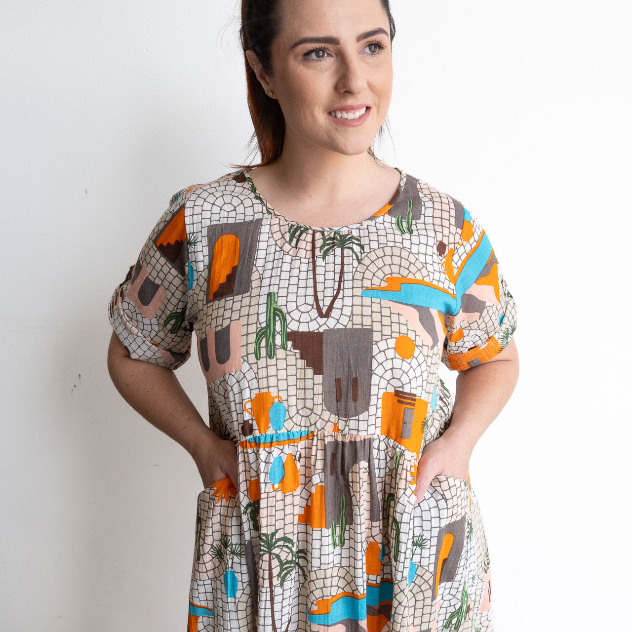 Cotton Summer Smock Dress with illustrated print of Greek palms, cacti and terracotta houses