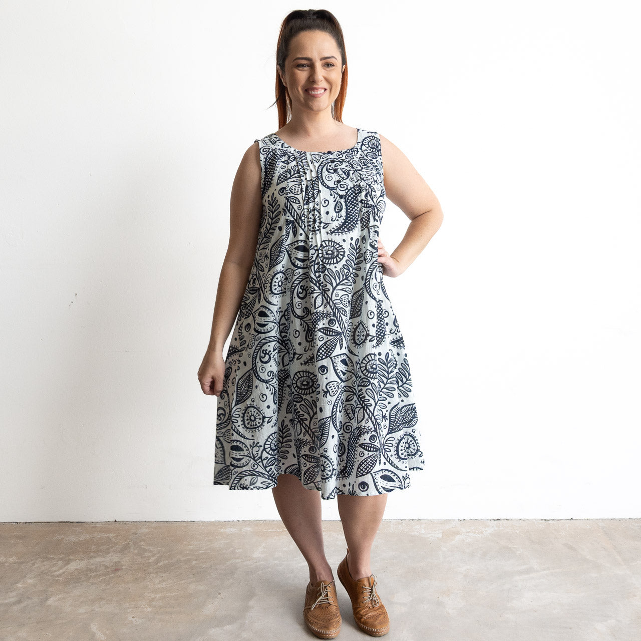 Pintuck Smock Dress - Botanicals Navy