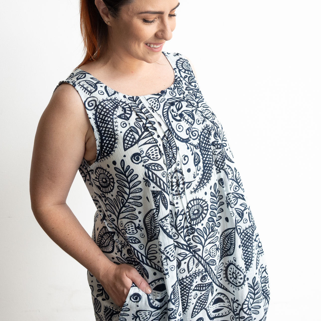 Pintuck Smock Dress - Botanicals Navy