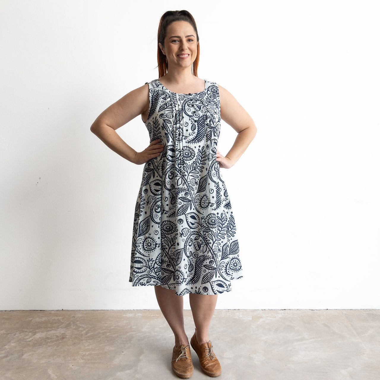 Pintuck Smock Dress - Botanicals Navy